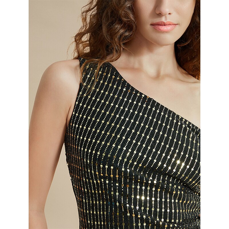 Sequin Stripe Ruffle One Shoulder Midi Dress4