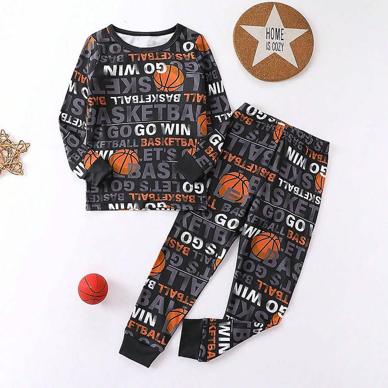 Boys 3D Letter Basketball Pajama Sets Long Sleeve 3D Print Fall Winter Active Cool Daily Kids 3-12 Years Crew Neck Home Causal Indoor Regular Fit