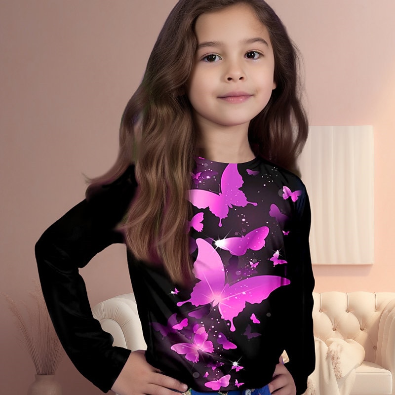 Girls' 3D Rainbow Butterfly T shirt Long Sleeve 3D Print Fall Active Kids 4-12 Years Regular Fit4