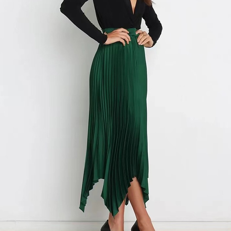 Women's Skirt Swing Long Skirt Elegant Fashion Maxi High Waist Skirts Solid Colored Pleated Asymmetric Hem Party Street Black White Wine Dark Green Spring & Summer Satin3
