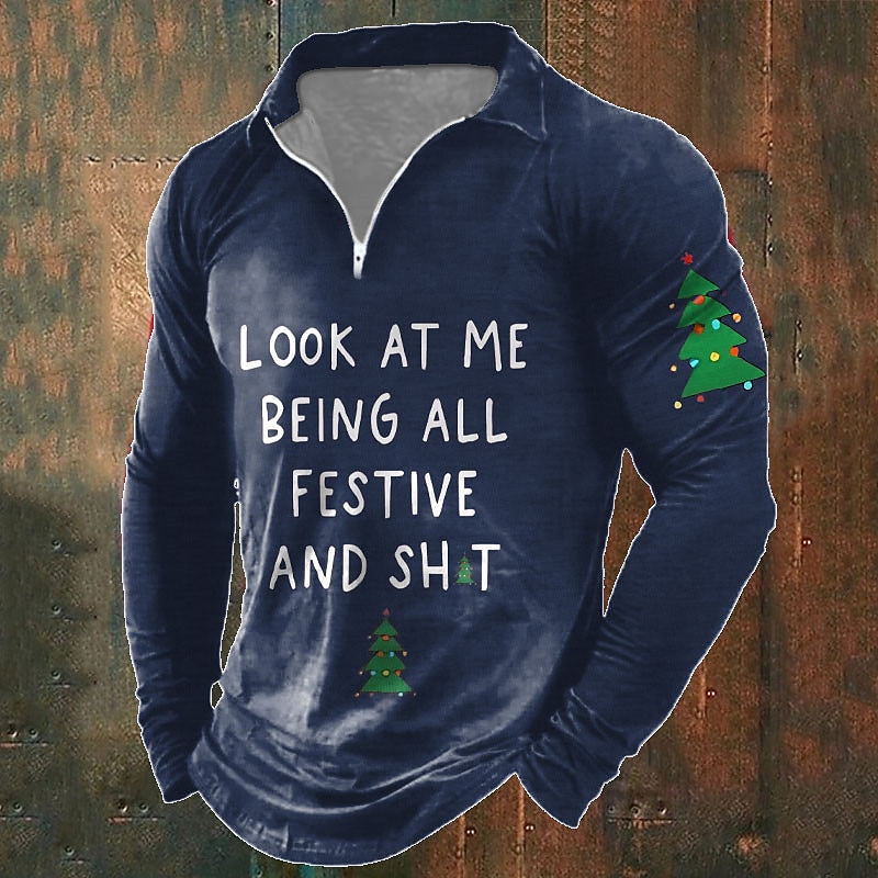 Christmas Men's Funny Christmas 3D Zipper Polo Tree Letter Casual Print 3D Zip Golf Outdoor Daily Wear Streetwear Polyester Short Sleeve Turndown Zip Shirts Black Wine Autumn / Fall S M L4