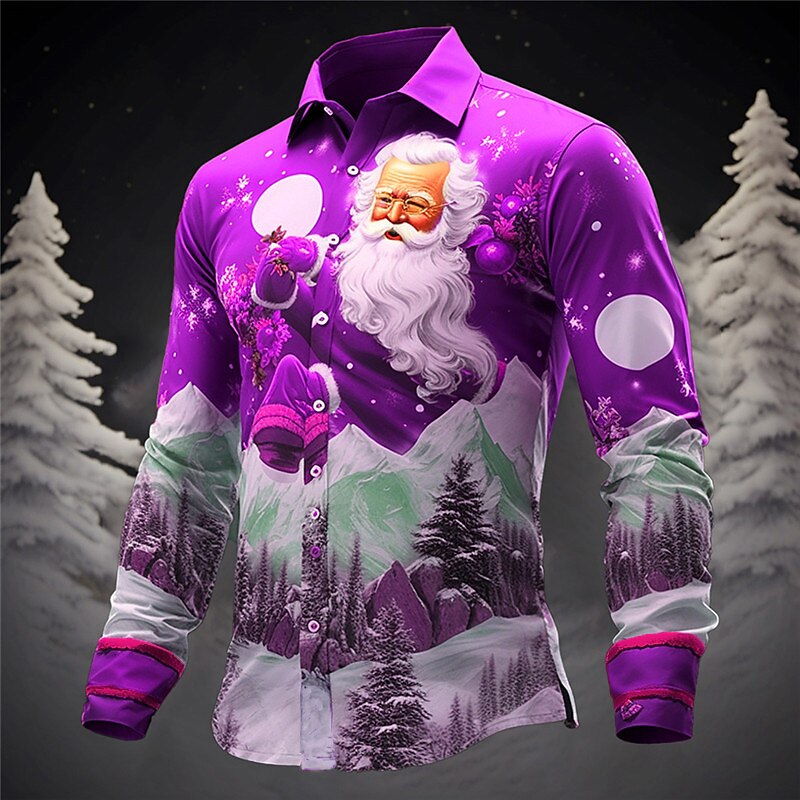 Men's Santa Claus Shirt Summer Hawaiian Shirt Long Sleeve Shirt Turndown Casual Christmas Outdoor Street Red Blue Sky Blue S M L2