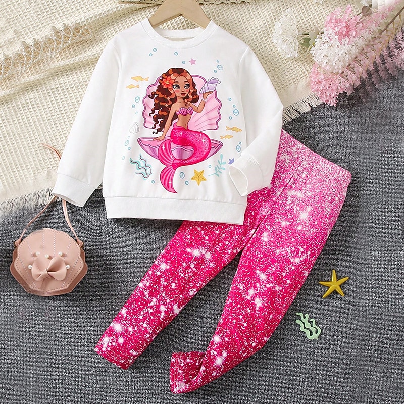 Girls' 3D Mermaid Sweatshirt & Legging Set Set Pink Long Sleeve 3D Print Fall Winter Active Fashion Daily Kids 4 years+ Crew Neck Outdoor Vacation Date Regular Fit