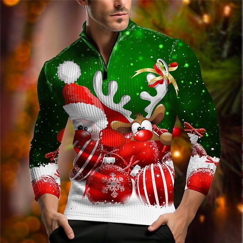 Christmas Men's Christmas animal 3D Zipper Polo Santa Claus Elk Casual Print 3D Waffle Zip Outdoor Casual Daily Streetwear Waffle Fabric Long Sleeve Zip Shirts Black Wine Fall & Winter S M L3