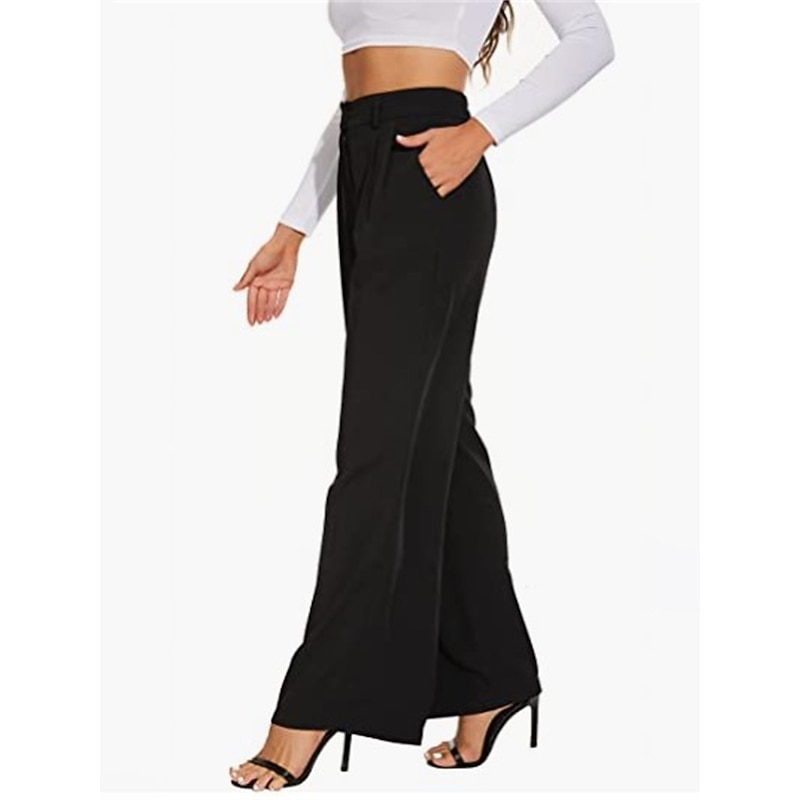 Women's Dress Pants Wide Leg Pants Trousers Elegant Fashion Work Full Length High Waist Solid Color Pocket High Cut Breathable Soft Comfortable Micro-elastic Office Street Business Light Blue Ivory3