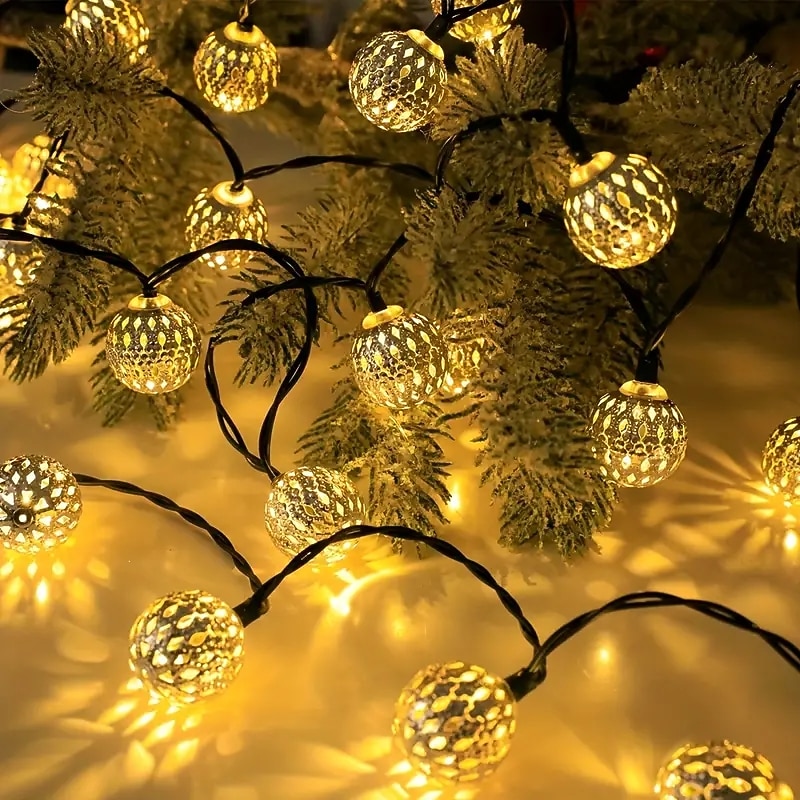 Solar Christmas Iron Ball Fairy String Lights 30/50/100LEDs Outdoor Waterproof Garden Lights New Year Xmas Wedding Party Garden Balcony Tree Hanging Lights Camping Landscape Lights2