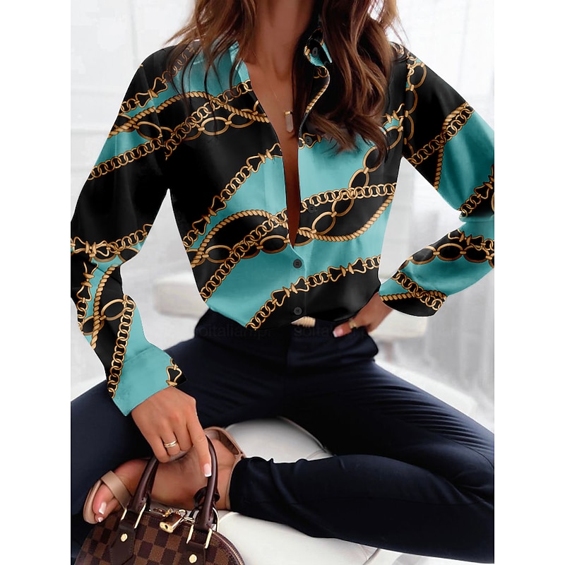Women's Shirt Long Sleeve Button Down Blouse Fashion Buttons Print Regular Tops Shirt Collar Casual Yellow Pink Blue Green Spring &  Fall
