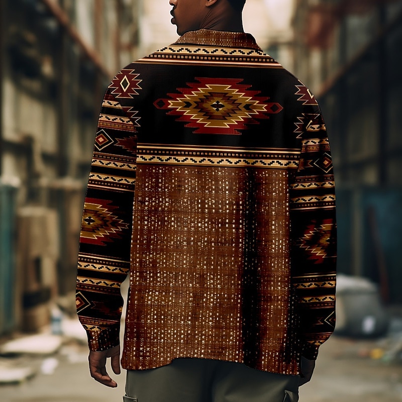 Men's Bohemian Argyle Bandana Print Shirt Shirt Jacket Long Sleeve Vintage Outdoor Vacation Casual Daily Fall & Winter Lapel Buttons Pocket Print Red Brown Green Coffee4