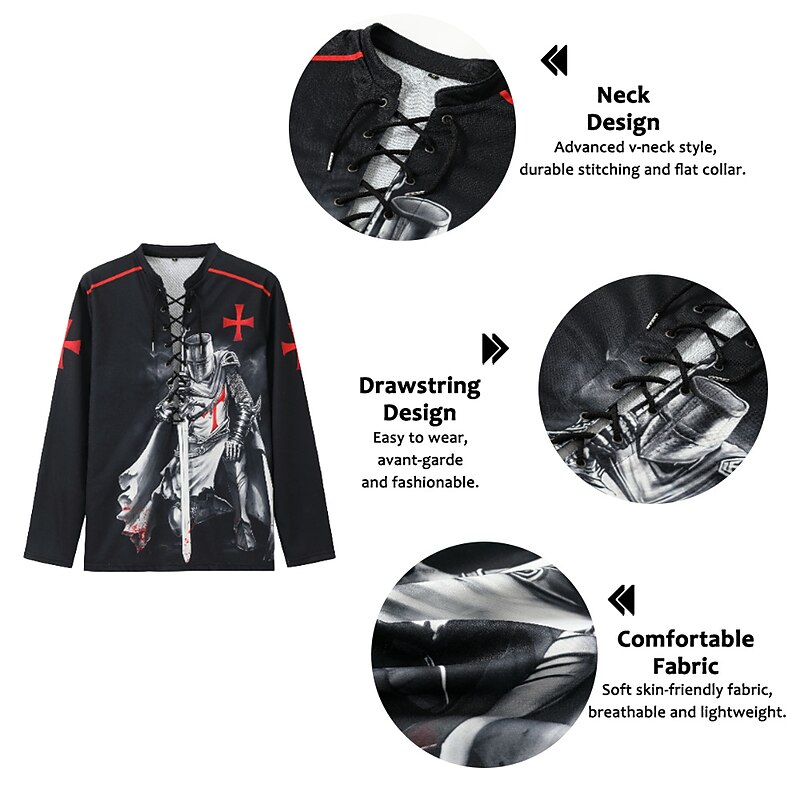 Men's Knights Templar Graphic Prints Graphic Tee Long Sleeve T shirt Shirt Fashion Designer Casual Outdoor Vacation Daily Wear Red Blue Dark Green Spring & Fall Clothing Apparel S M L XL 2XL 3XL2