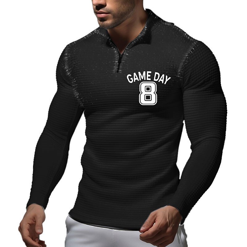 Men's Waffle Polo Shirts Long Sleeve Polo Shirts Turndown Zip Casual Daily 3D Print Fall & Winter Black And White Black White2