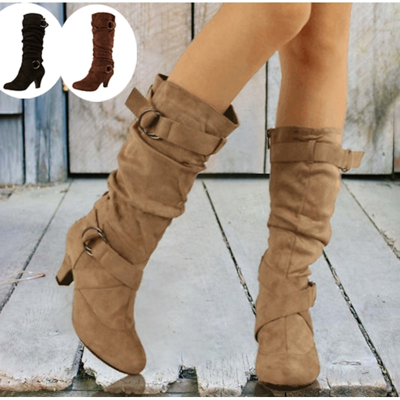 Women's Slouchy Mid-Calf Boots with Double Buckle Straps and Stiletto Heel, Chic Suede Design for Casual and Evening Fall Outfits