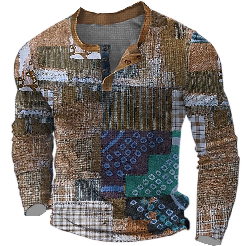 Men's Graphic Geometic Henley Shirt Waffle T Shirt Long Sleeve 3D Print Designer Retro Vintage Ethnic Sports Outdoor Holiday Festival Spring &  Fall Blue Purple Brown Gray Henley Henley T-Shirt2