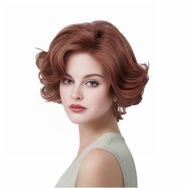 Rugelyss Ginger Short Wavy Wigs with Bangs Curly Auburn Hair Wig Synthetic Wigs for Women for Cosplay or Carnival Halloween Wigs