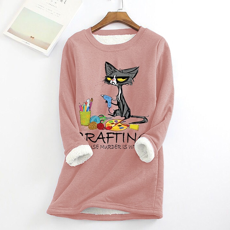 Women's Fleece Lined Pullover Sweatshirt Pajamas Cat Warm Fuzzy Festival Long Sleeve Round Neck Crewneck Long Tops Casual Sports Print Yellow Pink Red Blue Gray Fall & Winter4