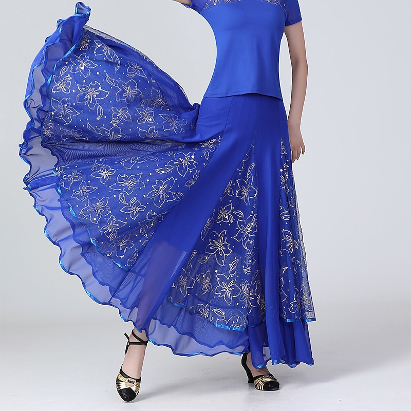 Ballroom Dance Skirts Printing Pure Color Ruffle Women's Performance Training High Polyester2