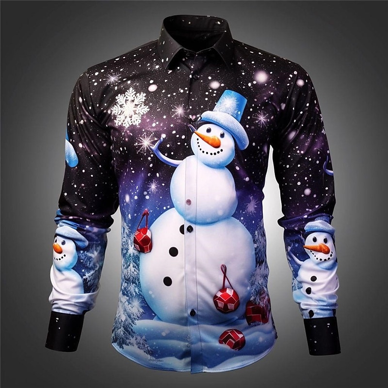 Christmas Men's Christmas Scene Printed Shirts Snowman Casual Long Sleeve Daily Wear Going out Fall & Winter Turndown Print Button-Down Black Pink Dark Navy Royal Blue 4-Way Stretch Fabric3