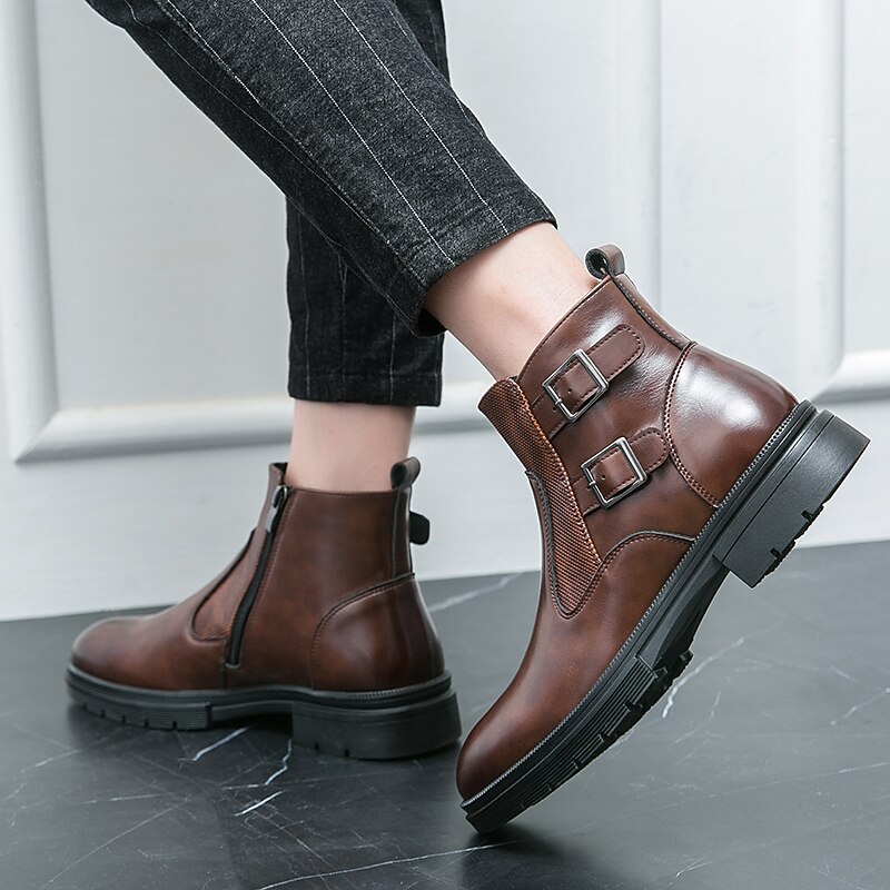 Men's Navy Blue Faux Leather Chelsea Boots, Double Buckle Ankle Boots with Elastic Side for Stylish Durable Wear 42