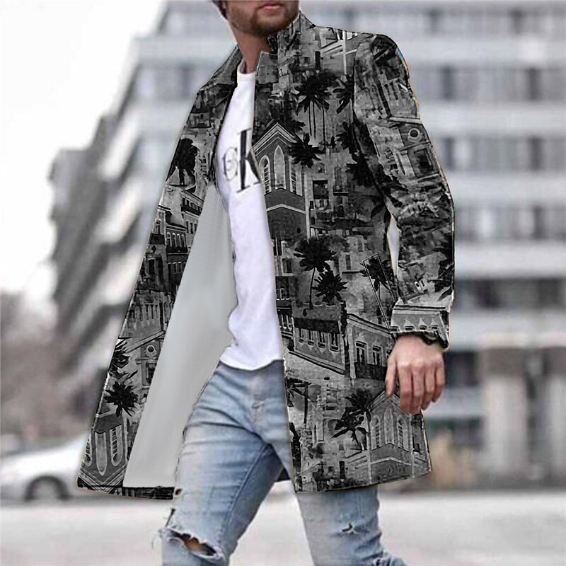 Men's Coconut Tree Building Winter Coat Overcoat Coat Warm Comfortable Breathable Fashion Streetwear Hawaiian Work Going out Beach Pocket Print Fall & Winter Turndown Long Sleeve Yellow Blue Purple4