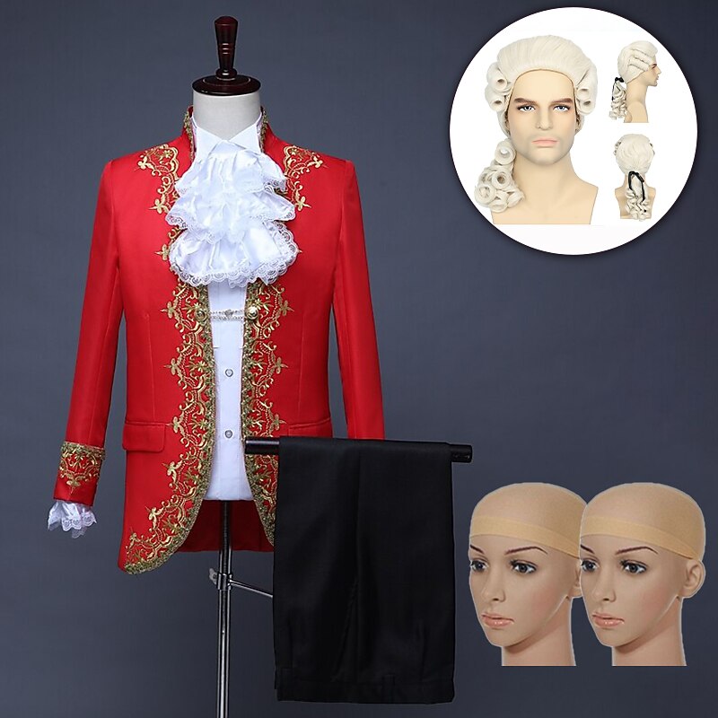 Set with Coat Pants Collar Sleeves Colonial Wig 2*Wig Caps Retro Vintage Rococo Medieval Ball Gown Outfits Masquerade Prince Aristocrat Men's Lace Flounced Slim Fit Cosplay Costume Performance Party2
