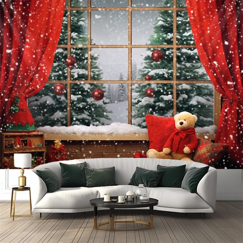 Christmas Decorations Christmas Tree Hanging Tapestry Wall Art Xmas Large Tapestry Mural Decor Photograph Backdrop Blanket Curtain Home Bedroom Living Room Bear Window View3