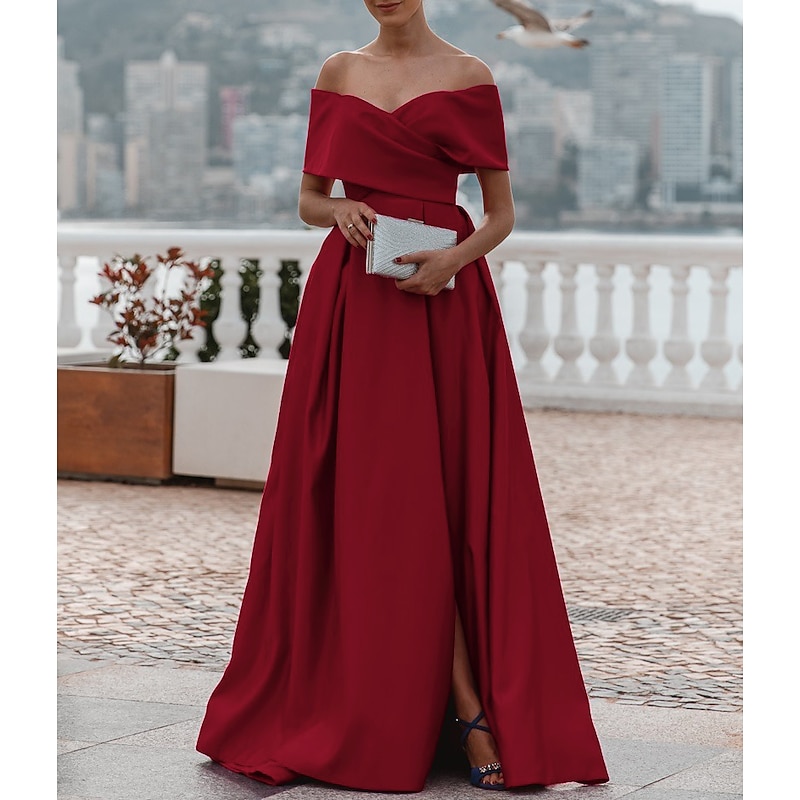 A-Line Evening Gown Elegant Dress Formal Wedding Court Train Sleeveless Off Shoulder Bridesmaid Dress Satin with Ruched Slit3