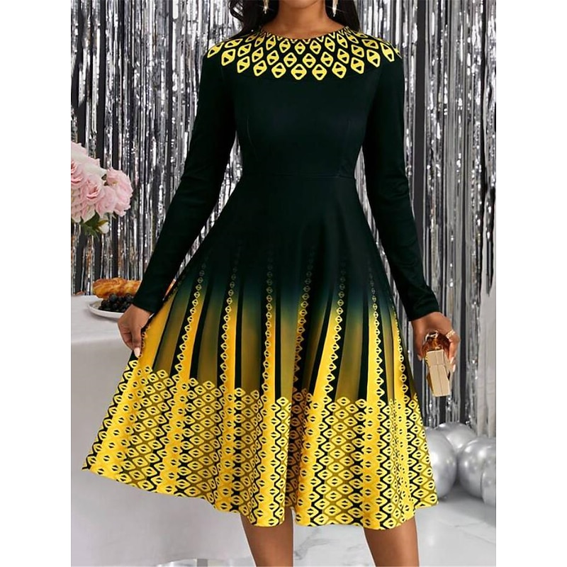 Women's Midi Dress A Line Dress Casual Dress Winter Dress Swing Dress Streetwear Modest Formal Vacation Party Regular Fit Geometric Color Block Long Sleeve Crew Neck Yellow Pink Blue Purple