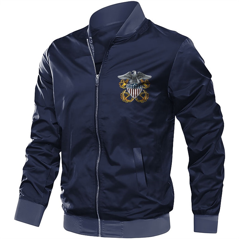 Men's National Flag Bomber Jacket Coat Outdoor Sports Vintage Casual Vacation Daily Wear Going out Printing Denim Fall & Winter Standing Collar Long Sleeve Black Red Army Green2