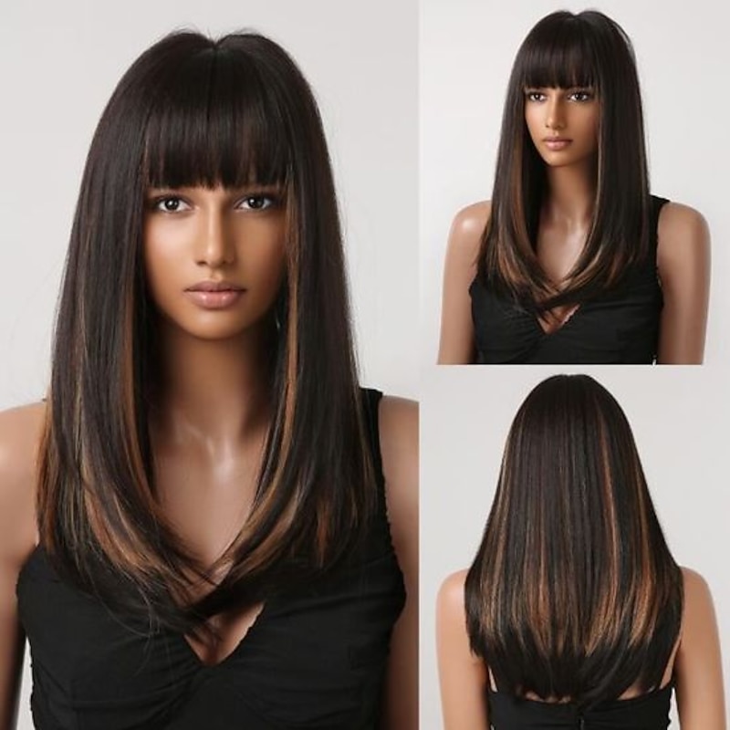 Long Black Wigs for Women Shouler-Length Black Mixed Blonde with Bangs Natural Synthetic Wig Hair Repalcement Wig for Daily Party Use barbiecore Wigs