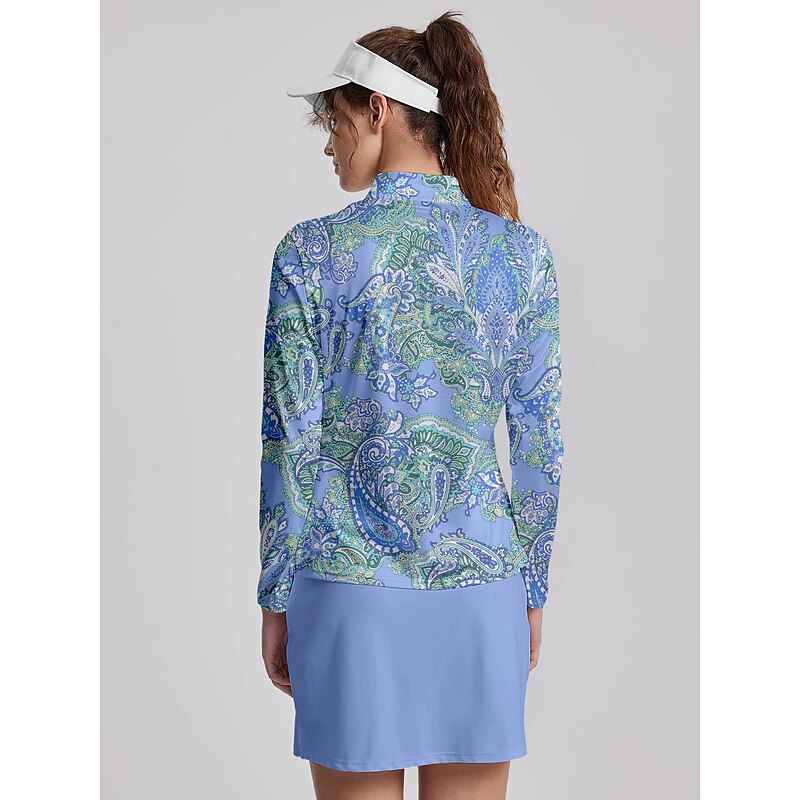 Women's Golf Polo Shirt Lake blue White Pink Long Sleeve Sun Protection Top Paisley Fall Winter Ladies Golf Attire Clothes Outfits Wear Apparel4