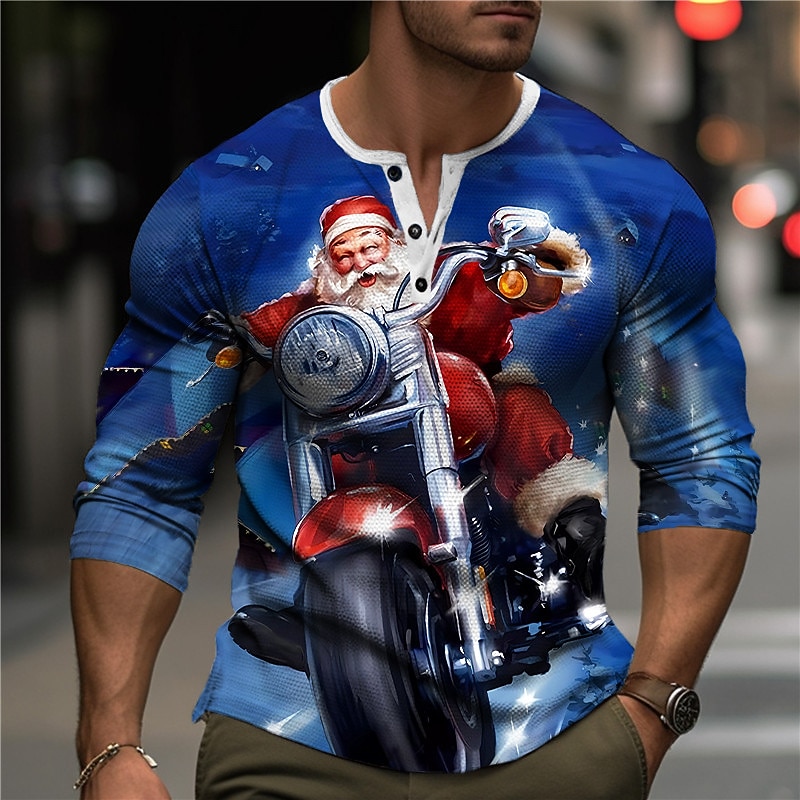 Christmas Men's Santa Claus Henley T Shirt Graphic Santa Claus Motorcycle Fashion Designer Casual 3D Print Henley Waffle Sports Outdoor Holiday Festival Blue Purple Orange Long Sleeve Henley Spring