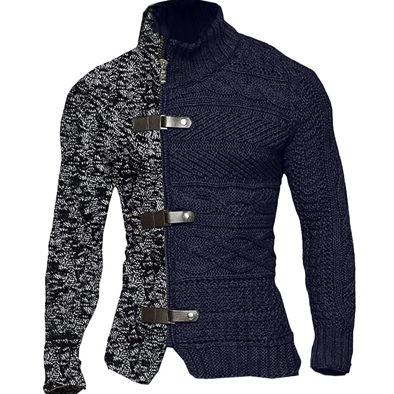 Men's Cardigan Sweater Chunky Cardigan Cropped Sweater Cable Knit Regular Zipper Button Color Block Stand Collar Vintage Warm Ups Casual Daily Wear Clothing Apparel Raglan Sleeves Fall Winter Black3