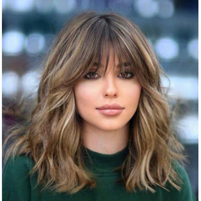 Short Brown Bob Wigs with Bangs Medium Length Brown Mixed Blonde Wigs for Women Wave Curly Synthetic Hair Wigs with Highlights