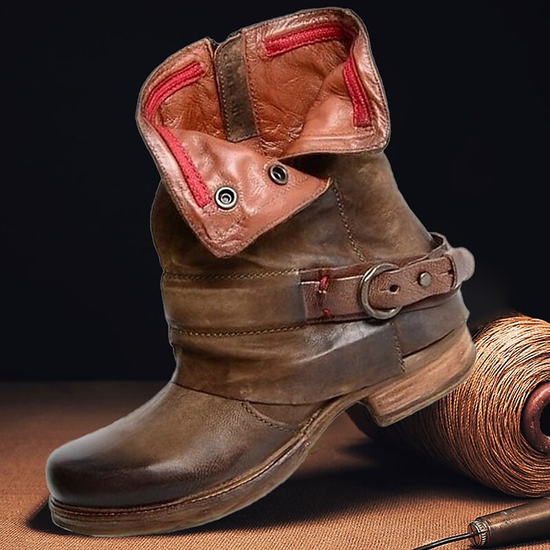 Men's Brown and Orange Fold-Over Ankle Boots with Buckle Strap, Stylish Casual Footwear for Fall and Winter2