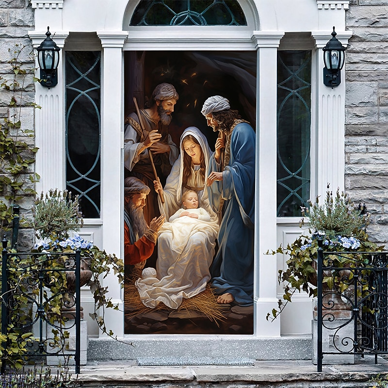 Christmas Door Decorations Nativity Scene Jesus Door Covers Xmas Door Tapestry Door Curtain Decoration Backdrop Door Banner for Front Door Farmhouse Holiday Party Decor Supplies4