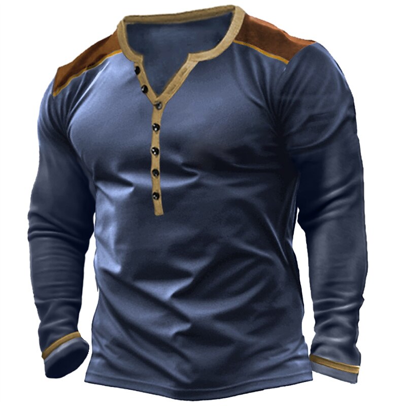 Men's Button T Shirt T Shirt Henley Shirt Tee Top Long Sleeve Henley Spring &  Fall Color Block Fashion Designer Basic Patchwork Vacation Street Going out Black Blue Army Green Top Tee for Men3