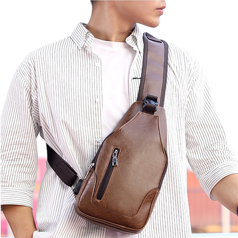 Men's Crossbody Bag Shoulder Bag Chest Bag Leather Outdoor Daily Holiday Zipper Large Capacity Waterproof Lightweight Solid Color Dark Brown Black Brown3