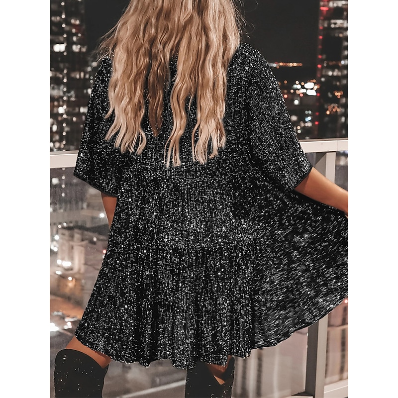 Women's Black Dress Sequin Dress Party Dress Sequins Glitter Crew Neck Half Sleeve Mini Dress Wedding Guest Silver Rose Gold Spring Fall2