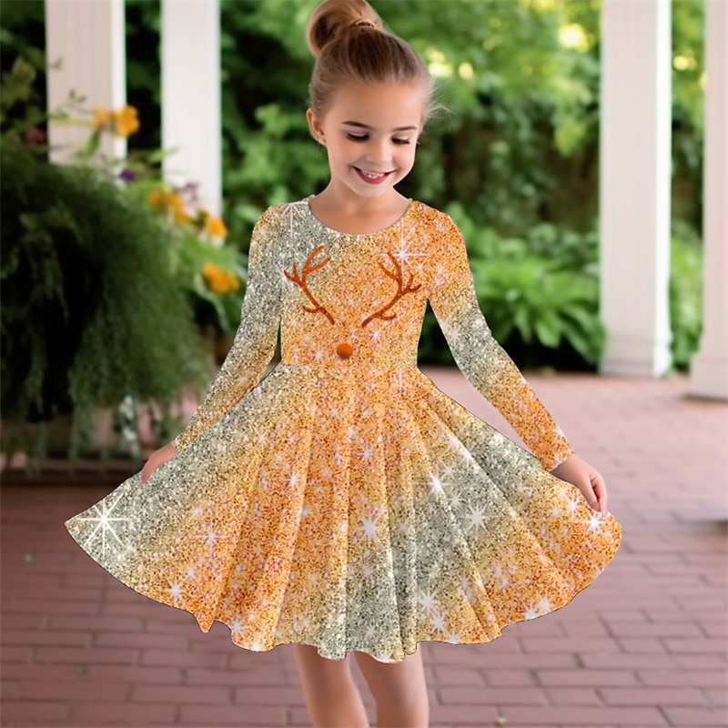 Girls' 3D Elk Dress Pink Long Sleeve 3D Print Fall Winter Vacation Sports & Outdoor Daily Cute Casual Beautiful Kids 3-12 Years Casual Dress A Line Dress Above Knee Regular Fit3