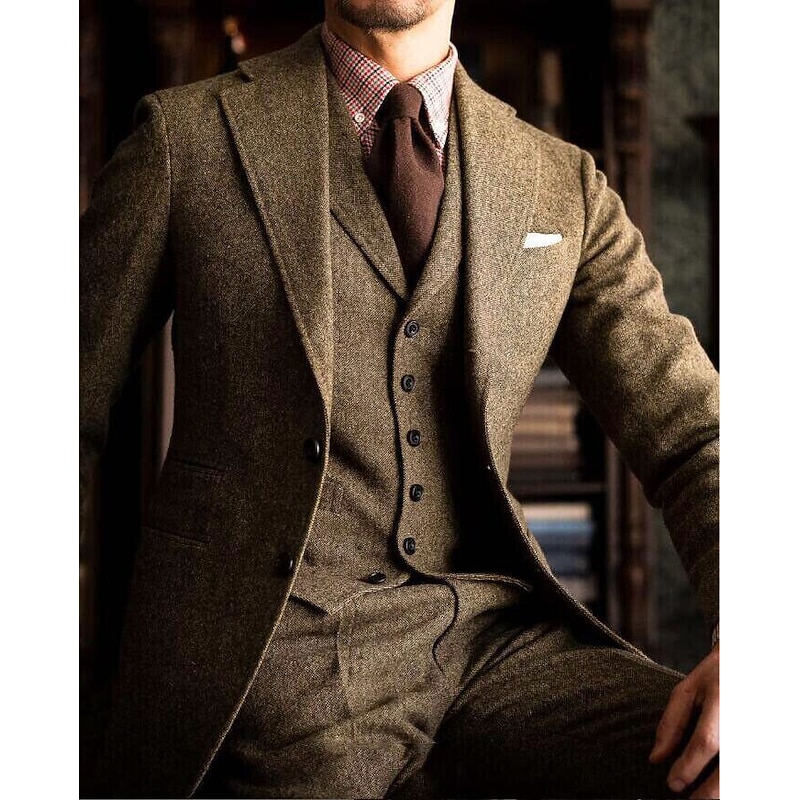 Men's Wedding Tweed Suits Notch Purple Khaki Daily Business Solid Colored Plus Size 3 Piece Single Breasted Two-buttons2