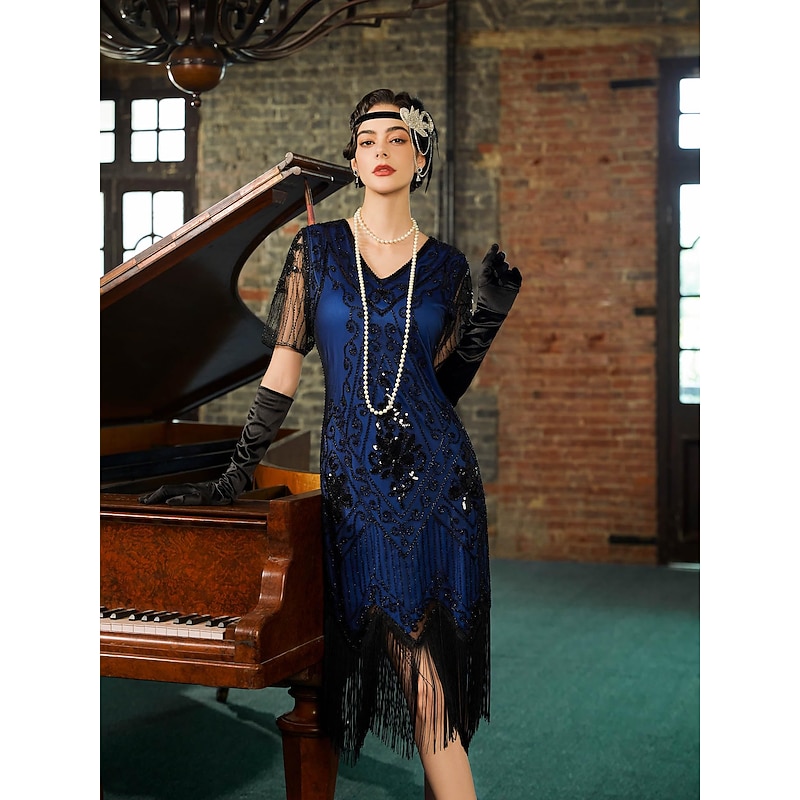 Retro Vintage Roaring 20s 1920s Flapper Dress Outfits Accessories Set The Great Gatsby Wedding Guest Sequins Tassel Fringe Sequin Tassel V Neck Fancy Dress Women's Halloween Carnival Masquerade2