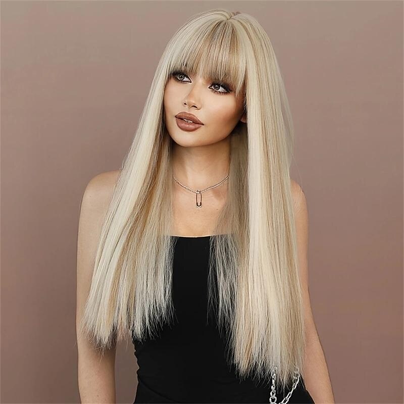 Synthetic Wig Straight Neat Bang Wig Long A1 A2 A3 Synthetic Hair Women's Fashionable Design Soft Natural Pink Dark Gray Blonde3