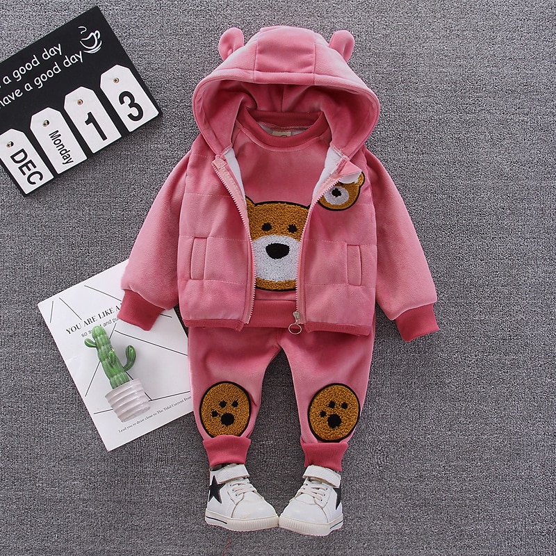 3 Pieces Toddler Girls' Graphic Zipper Pants Suit Set Long Sleeve Active Formal Cotton 3-7 Years Spring Pink Light Brown Khaki2
