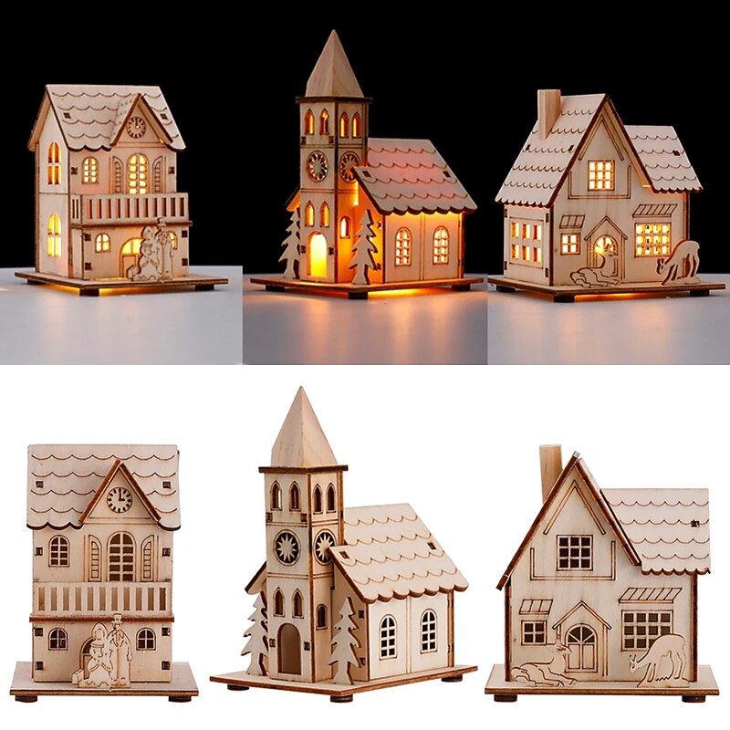 Christmas LED Light Wooden House Luminous Luxury bungalow Christmas Decorations Home Decor Fairy Night Lamp Pendant Kids Gift  1PC
