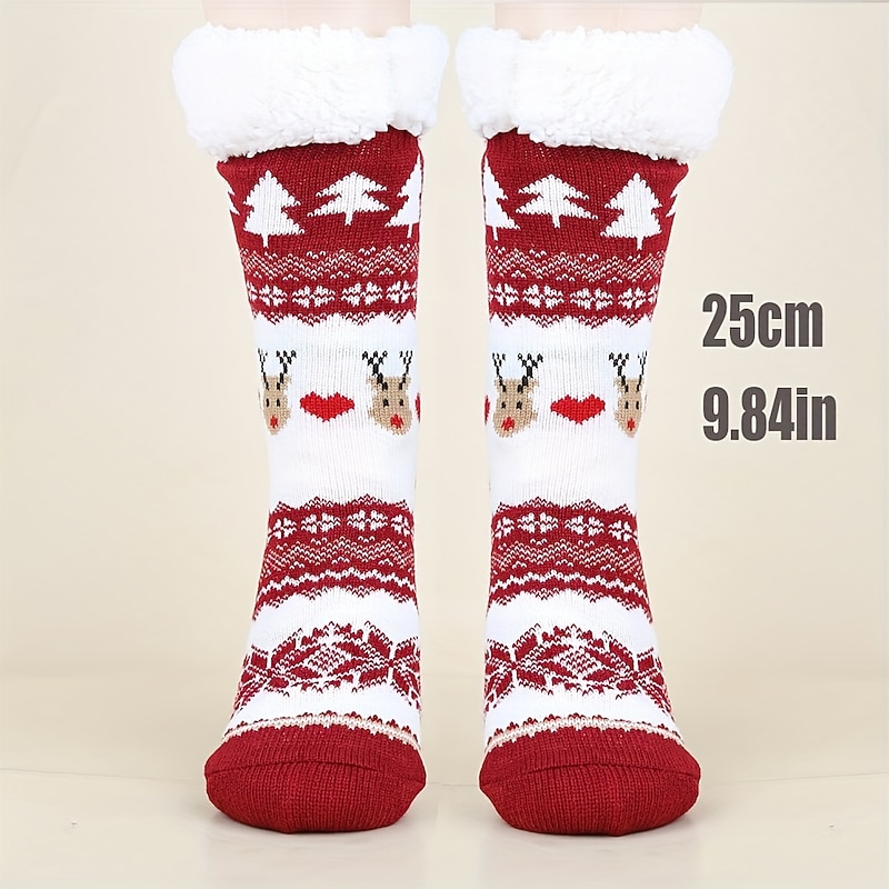 1 Pair Christmas Cartoon Reindeer Pattern Fuzzy Socks, Comfort Fleece-lined Winter Winter Socks With Grip, Soft Sleep Socks Slipper Socks For Christmas New Year Gift2