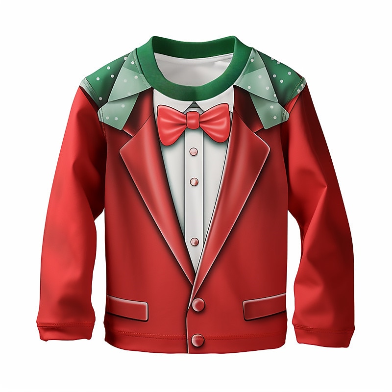 Boys 3D Bow tie Christmas T shirt Tee Shirts Long Sleeve 3D Print Fall Winter Sports Fashion Streetwear Kids 3-12 Years 4-12 Years Crew Neck Outdoor Casual Daily Regular Fit4
