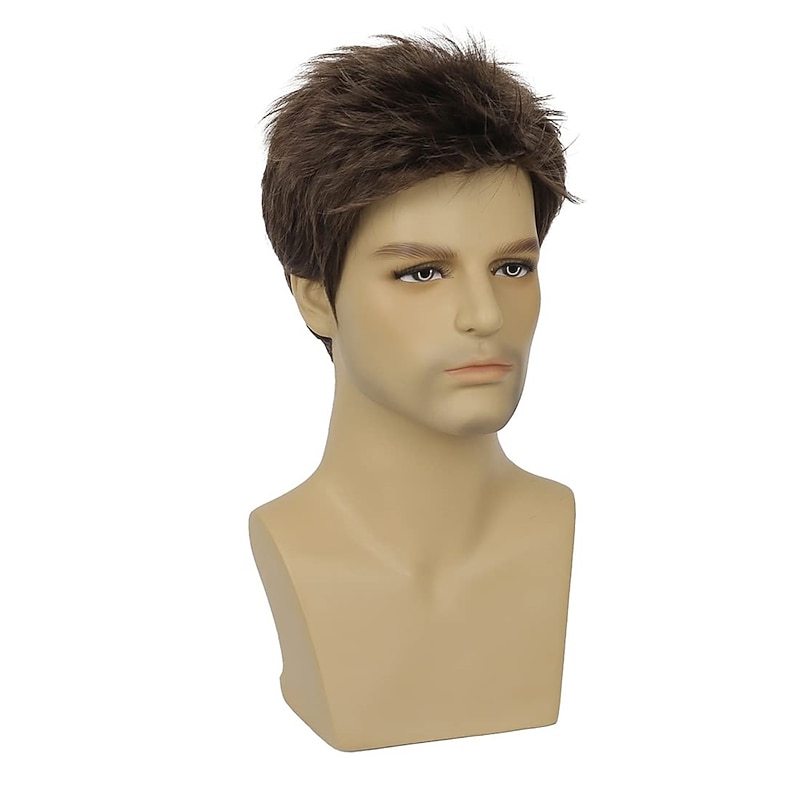 Mens Brown Wig Short Layered Natural Cosplay Party Costume Hair Full Synthetic Wig for Male Guy3