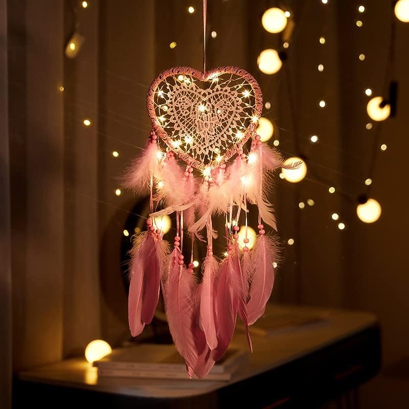Heart Shaped Dream Catchers With LED Lights Hand Woven Feather Lights Wall Romantic Decor for Valentine's Day Christmas Gifts for boys girls Kids Bedroom Decoration2