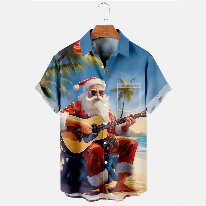 Christmas Men's Santa Claus Shirt Short Sleeve Hawaiian Casual Daily Wear Going out Weekend Autumn / Fall Turndown Pocket Print Button-Down Burgundy Blue
