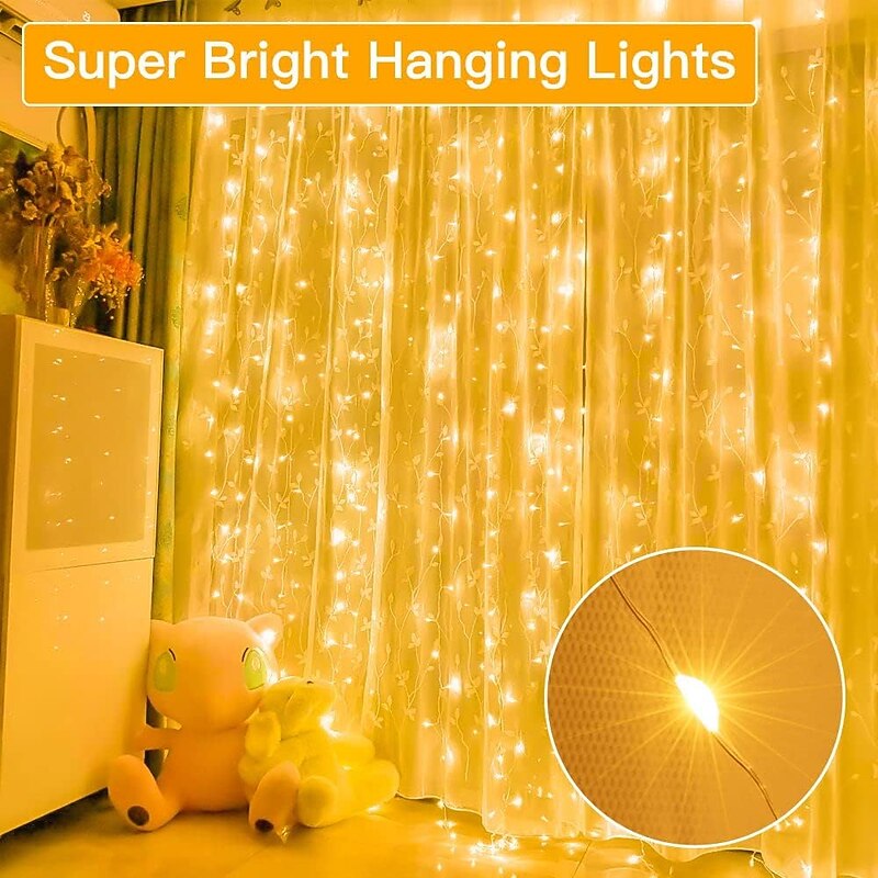 300LED Fairy Curtain Lights 9.8x9.8Ft Warm White USB Plug in 8 Modes Christmas String Hanging Lights with Remote for Bedroom Indoor Outdoor Weddings Party  Window Wall Indoor Outdoor Decoration