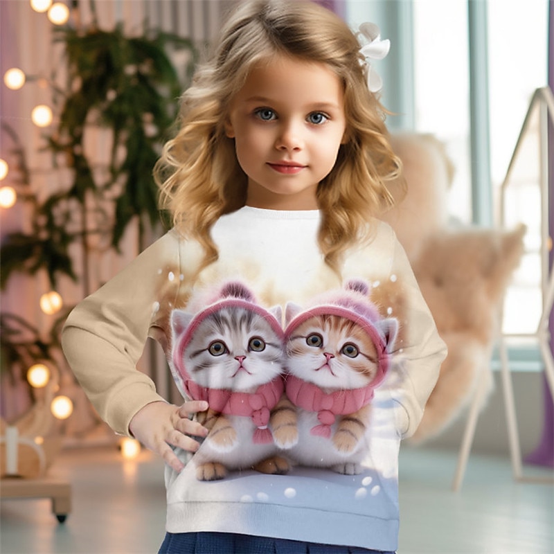 Girls' 3D Cat Sweatshirt Pullover Long Sleeve 3D Print Fall Winter Fashion Streetwear Adorable Polyester Kids 3-12 Years Crew Neck Outdoor Casual Daily Regular Fit4